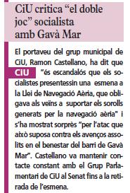Not�cia publicada en l'edici� del 10 de desembre de 2009 de la publicaci� municipal de Gav� (El Bruguers) sobre la retirada al Senat de l'esmena per modificar la Llei de Navegaci� A�ria